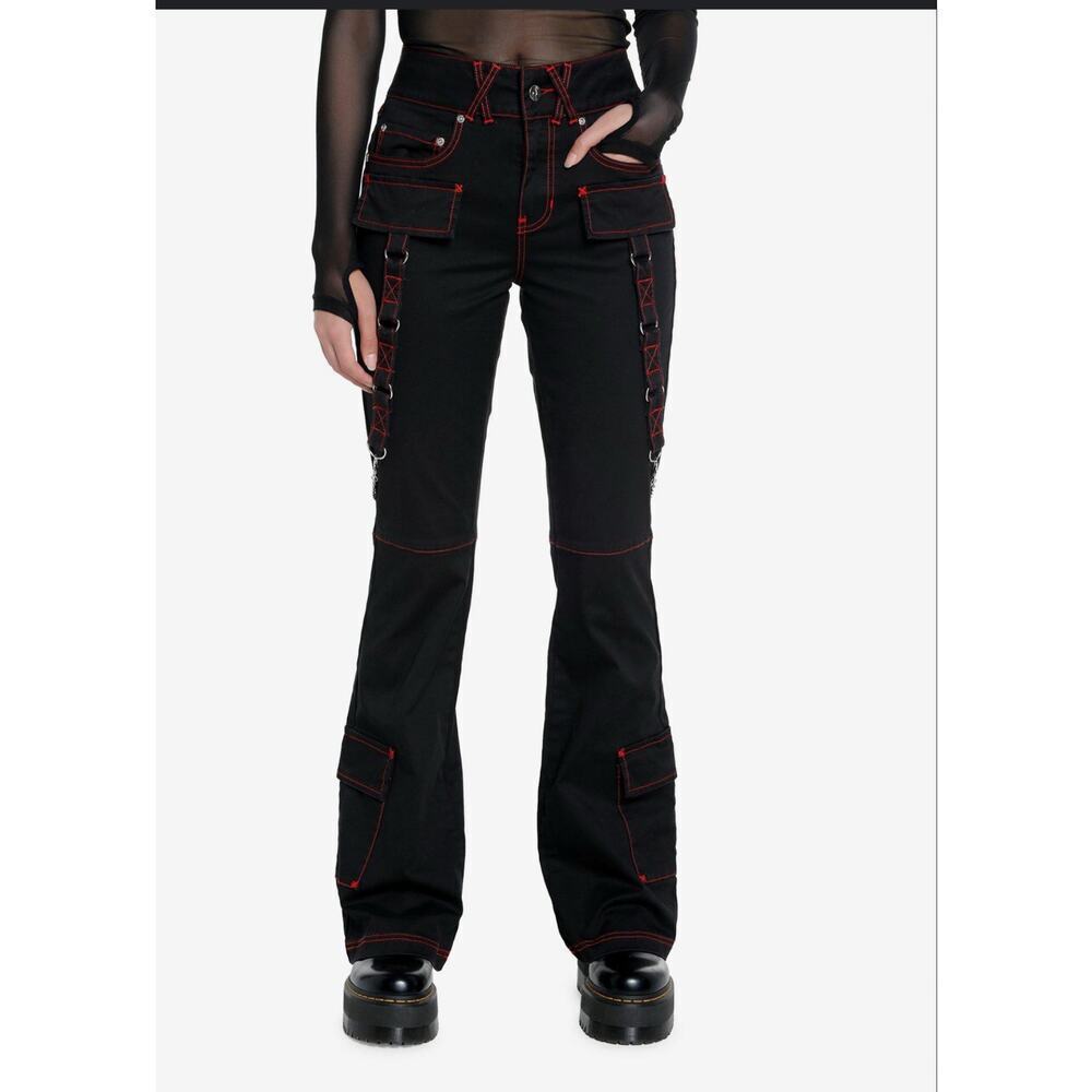 Hot Topic Women's Stretch Flare Pants Size 6 Black & Red Contrast Stitch